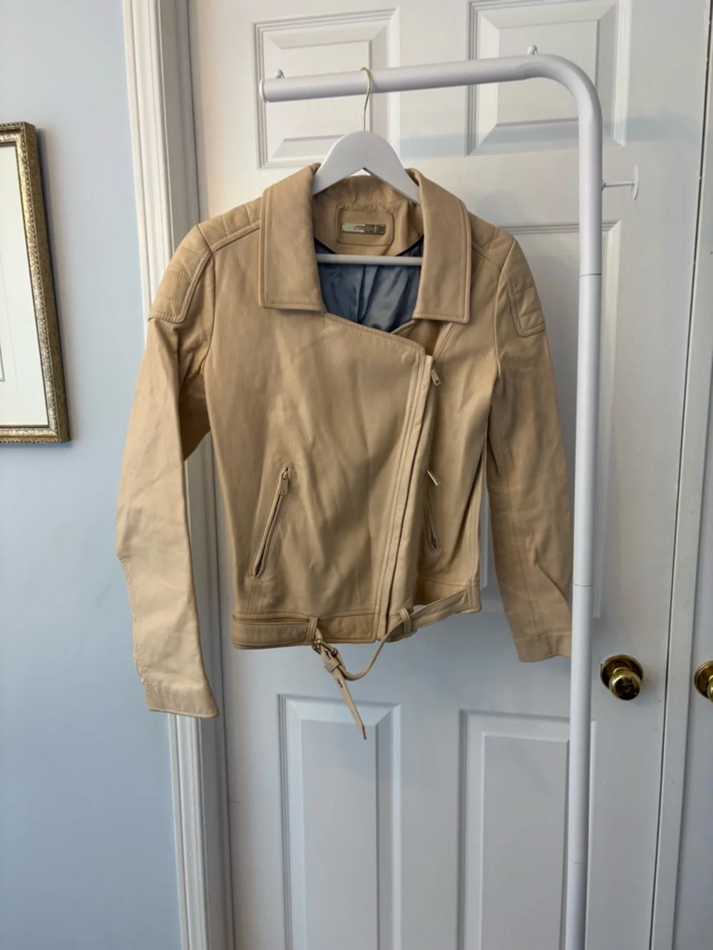 Uterque Cream Sheep Leather Jacket Blue Lining With Gold Hardware Size Small - Picture 9 of 16